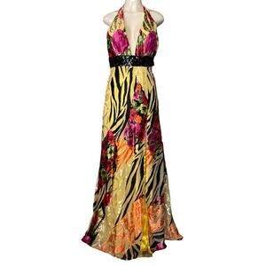 Paris Tony Bowls Yellow Floral Tiger Plunging Neck Sequin Silk Gown Dress Size 8
